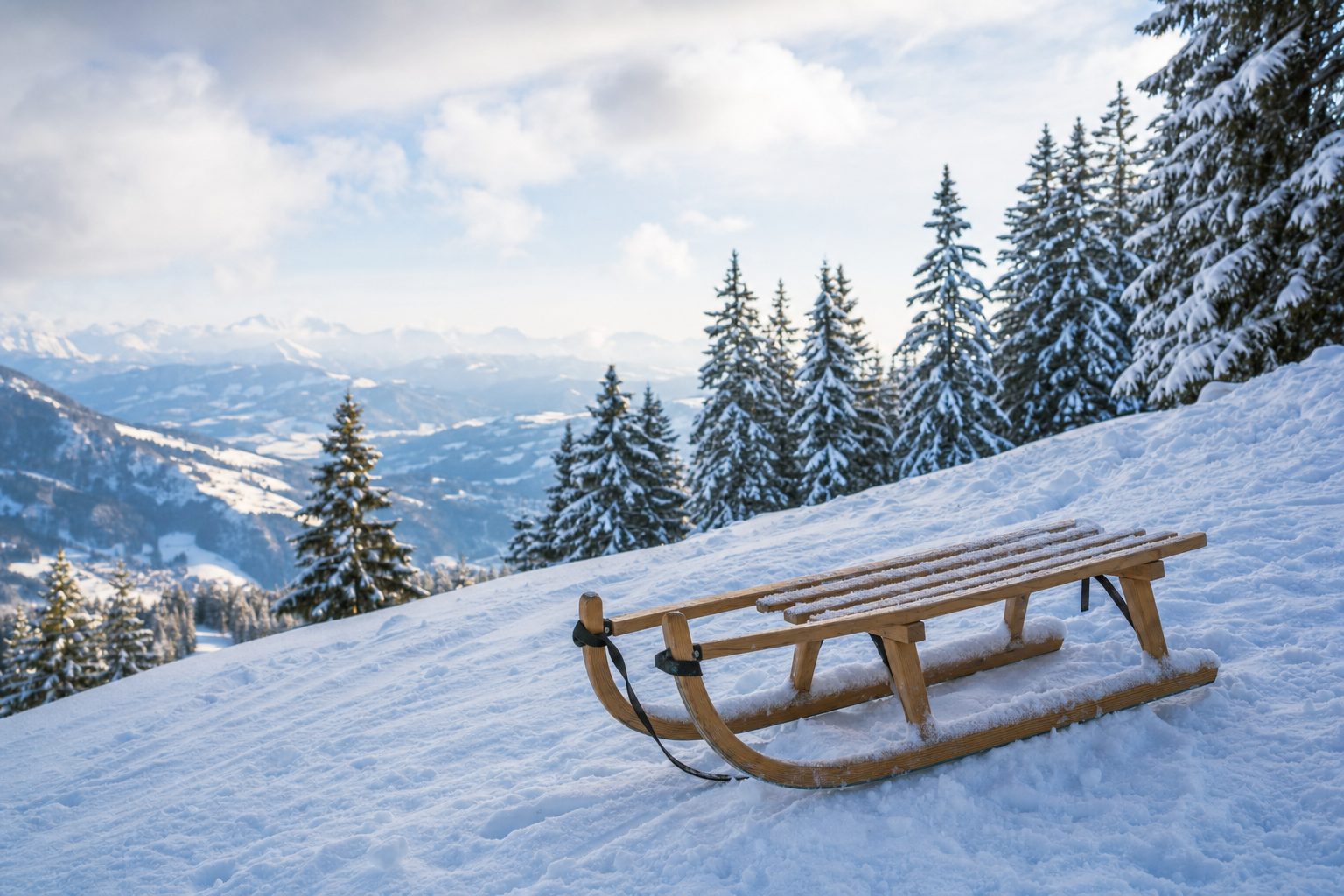 Rodeln im Schnee am Fichtelberg im Erzgebirge